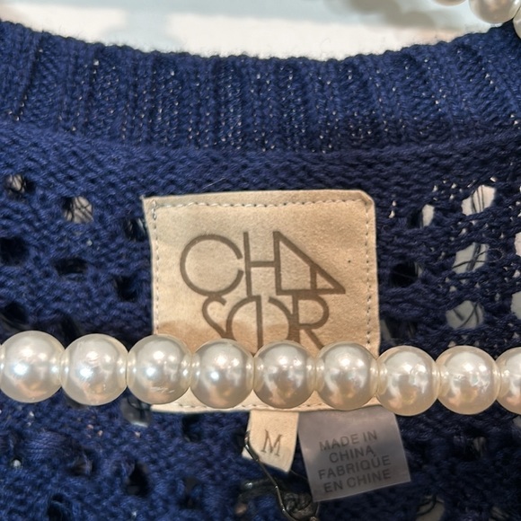 NWT CHASER Navy Blue Fringe Crochet Cable Knit Boho button front Sweater Medium - Picture 2 of 6